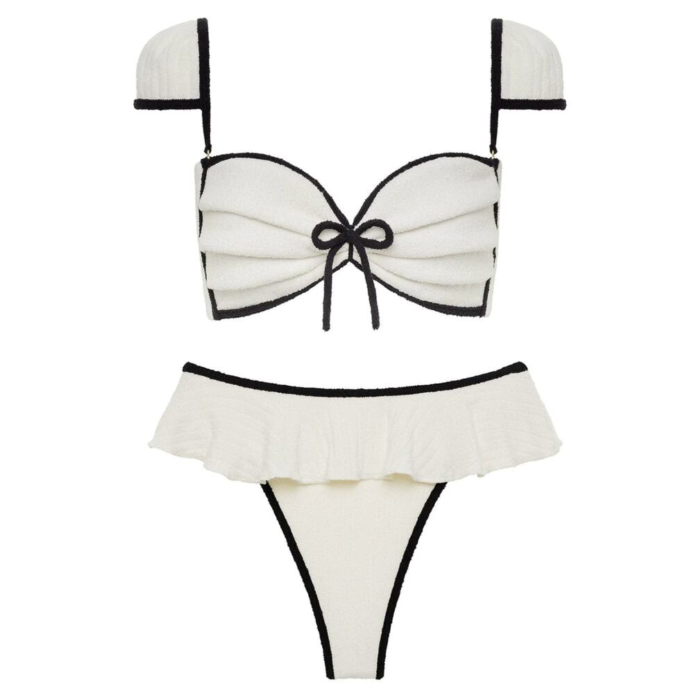 New Montce Olivia Culpo Cream black rib Cabana Bows & Ruffle Bikini Set Medium